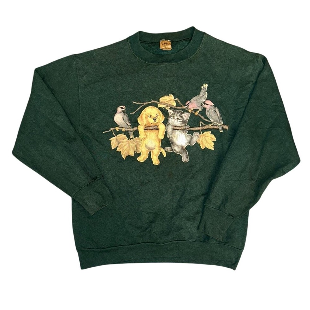 Vintage Delta Fifty-Fifty Green Sweatshirt Puppy Kitten Birds Graphic USA Made L